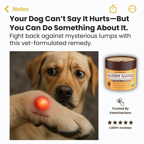A 1:1 format ad showcasing a pet health supplement, using a visceral visual of a physical dog ailment to trigger an immediate emotional response.